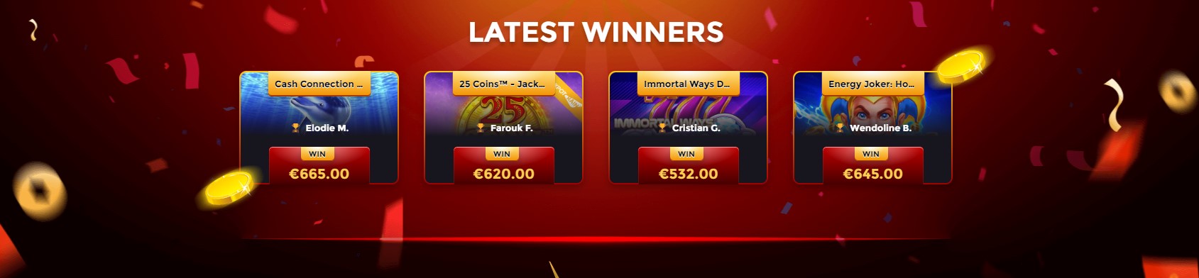 The banner showcasing the casino's most recent big winners, inspiring and motivating other players to try their luck and potentially join the ranks of the platform's success stories.