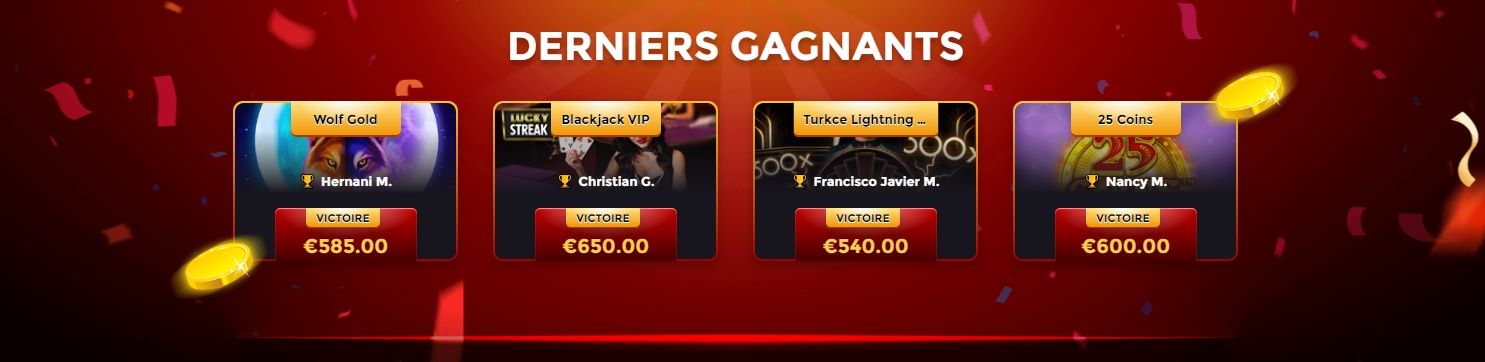 La bannière présente les grands gagnants les plus récents du casino, inspirant et motivant les autres joueurs à tenter leur chance et à rejoindre les rangs des gagnants de la plateforme.